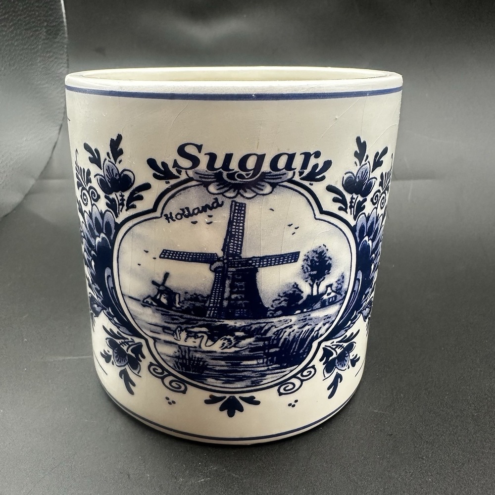 Delft Blue Sugar Canister Ceramic Windmill Untensil‎ Holder Cottage Decor GUC